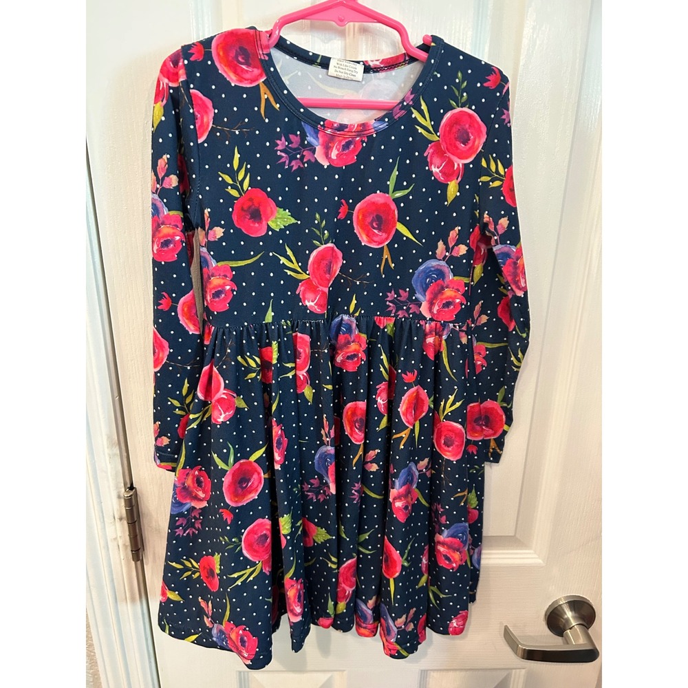 Unbranded Long Sleeve Dress Navy Floral Polka Dot Cotton Blend Kids 5-6T XL